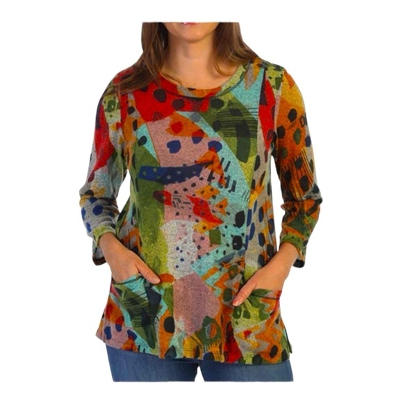 Jess & Jane Pop Art Multicolor Colorblock Pocket Asymmetrical Hem Tunic Sz S USA - Picture 1 of 11